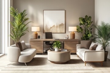 A contemporary office space in 3D, complete with stylish furniture, plants, and a neutral color palette for a productive atmosphere.