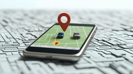 3D Isometric City Navigation App With Location Pin And Cars On Smartphone Screen For Modern Urban Transportation