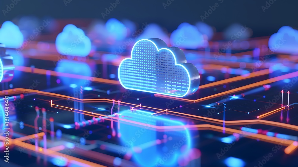 Poster futuristic cloud technology concept with neon lights and circuit pathways on a digital background