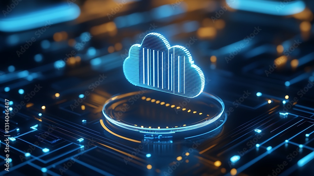 Poster futuristic cloud technology concept with neon lights and data visualization on circuit board backgro