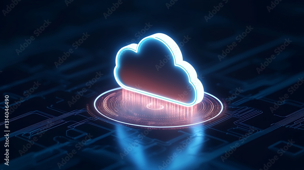 Poster futuristic cloud technology icon with neon glow and digital circuit background for data storage conc