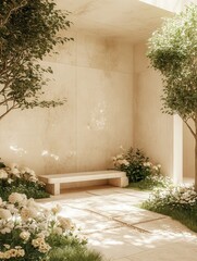 marble bench surrounded by various landscape trees.