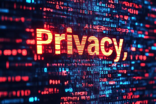 A modern, abstract representation of "Privacy," with bold sans-serif text set against a flowing pattern of random alphanumeric sequences, representing digital security. - Powered by Adobe