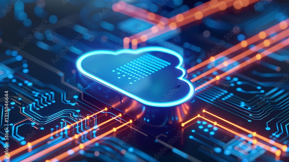 Poster futuristic cloud technology with neon circuit board design representing data storage and connectivit