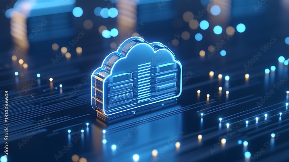 Poster futuristic cloud technology with neon lights and digital waves in a high-tech data environment