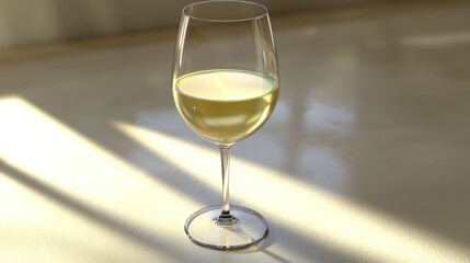 Obraz premium A glass of pale yellow white wine sits on a light surface in sunlight.