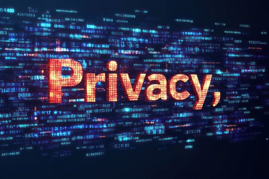 A modern, abstract representation of "Privacy," with bold sans-serif text set against a flowing pattern of random alphanumeric sequences, representing digital security.