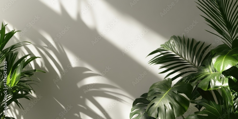 Poster sunlight dances through palm leaves, creating enchanting shadows on the wall generative ai