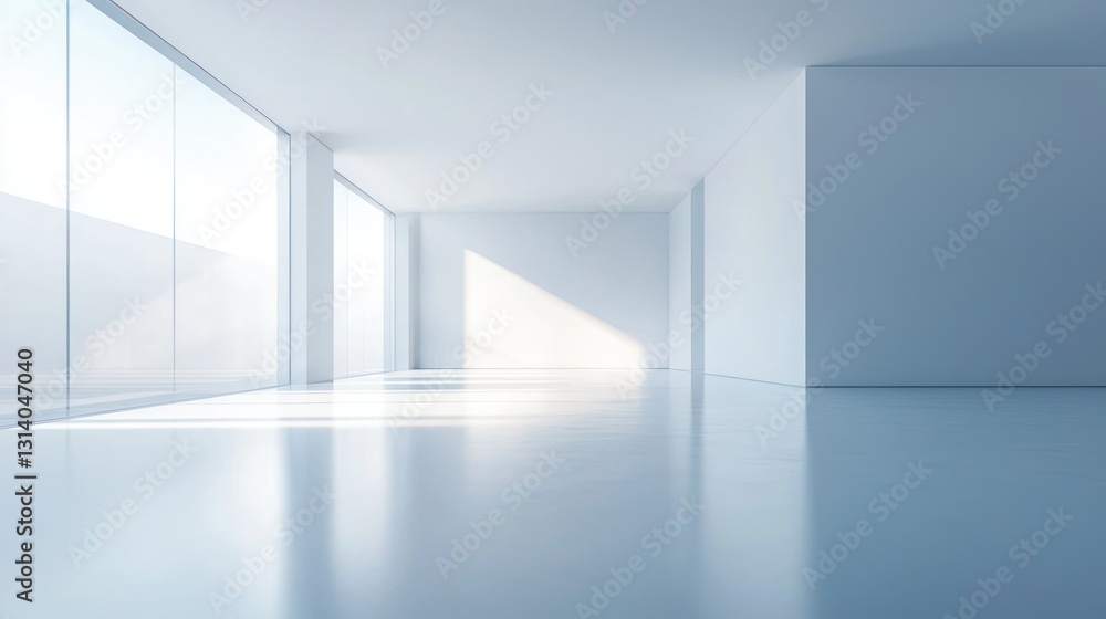 Poster sunlit empty modern room with large windows and reflective floor.