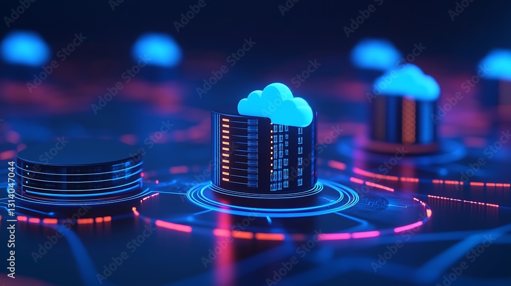 Aufkleber Futuristic Data Storage Concept with Cloud Computing in Neon Colors for Technology and Network Themes