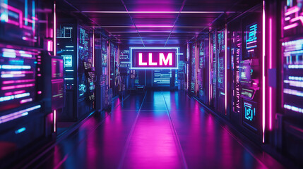 LLM. Large Language Model. Machine learning. AI training. Deep learning. AI lab showcasing floating text in neon light style.