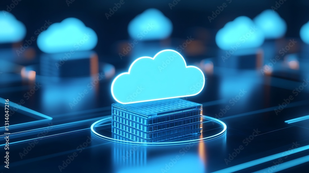 Poster futuristic data storage concept with neon cloud and server elements illuminated in digital environme
