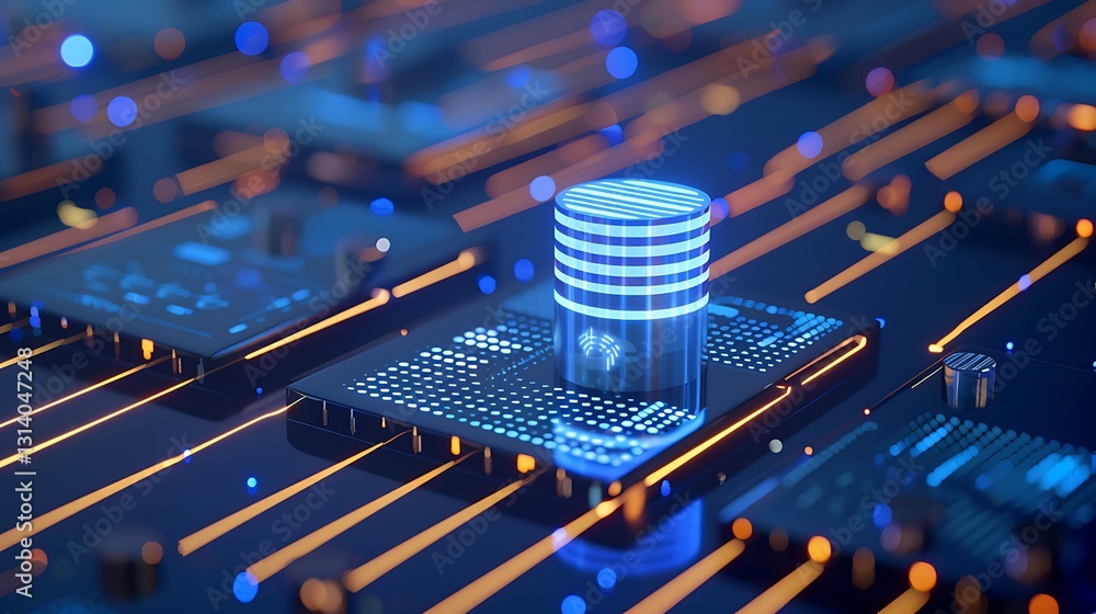 Poster futuristic data storage concept with glowing database and circuit board elements in a digital enviro