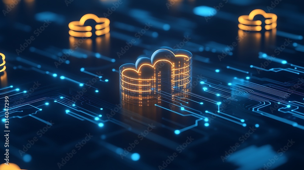 Poster futuristic data storage concept with neon clouds and circuit patterns in a digital network environme