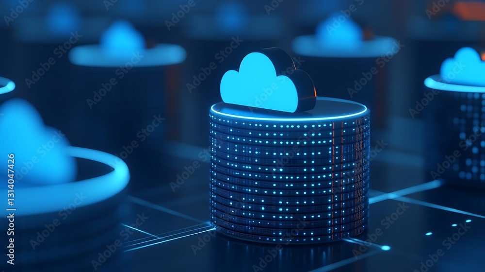 Poster futuristic data storage with cloud computing symbol in blue neon environment