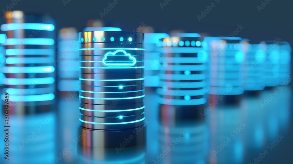 Poster futuristic database server center with neon cloud icons and glowing interfaces in a digital environm