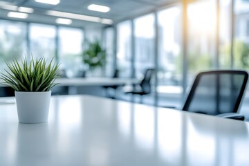 Modern office workspace with beautiful blurred background light and airy atmosphere contemporary design