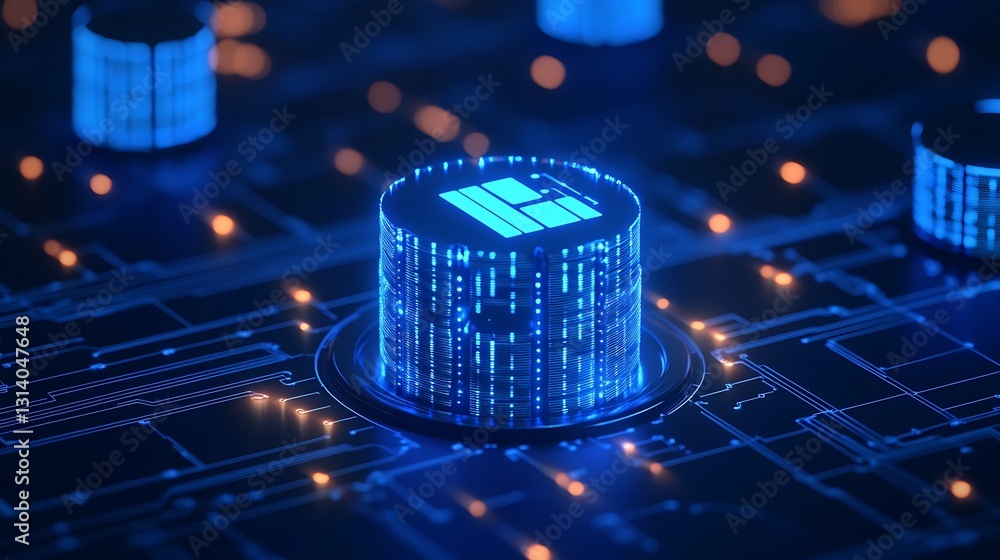 Poster futuristic digital circuit with glowing data nodes and neon blue patterns for technology and innovat