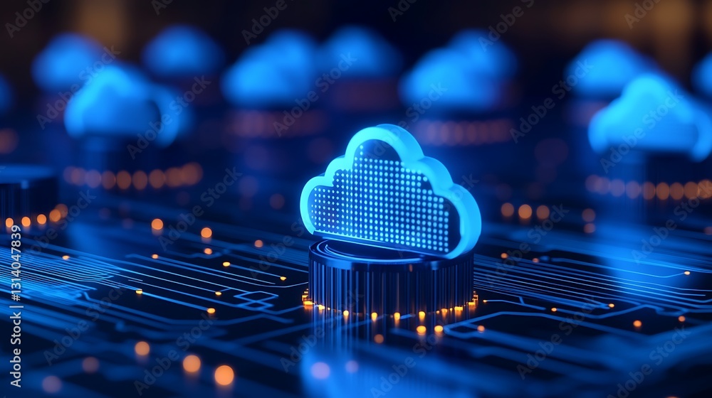 Poster futuristic digital cloud computing network with circuit board and blue glowing cloud icons