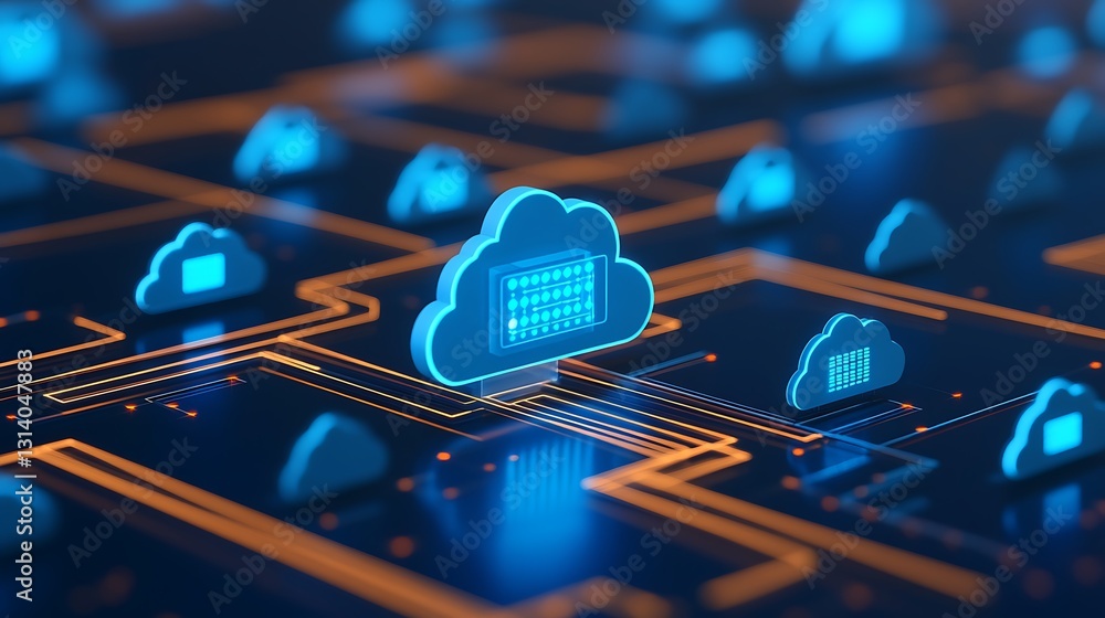 Poster futuristic digital cloud computing network with glowing blue clouds and orange circuit lines for tec