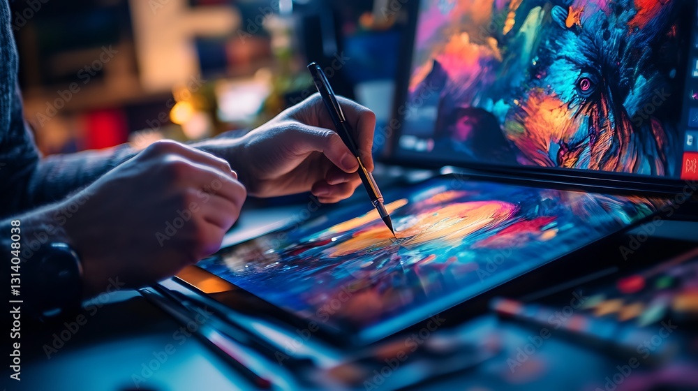 Poster close-up of hands using stylus on digital tablet, creating vibrant abstract art.