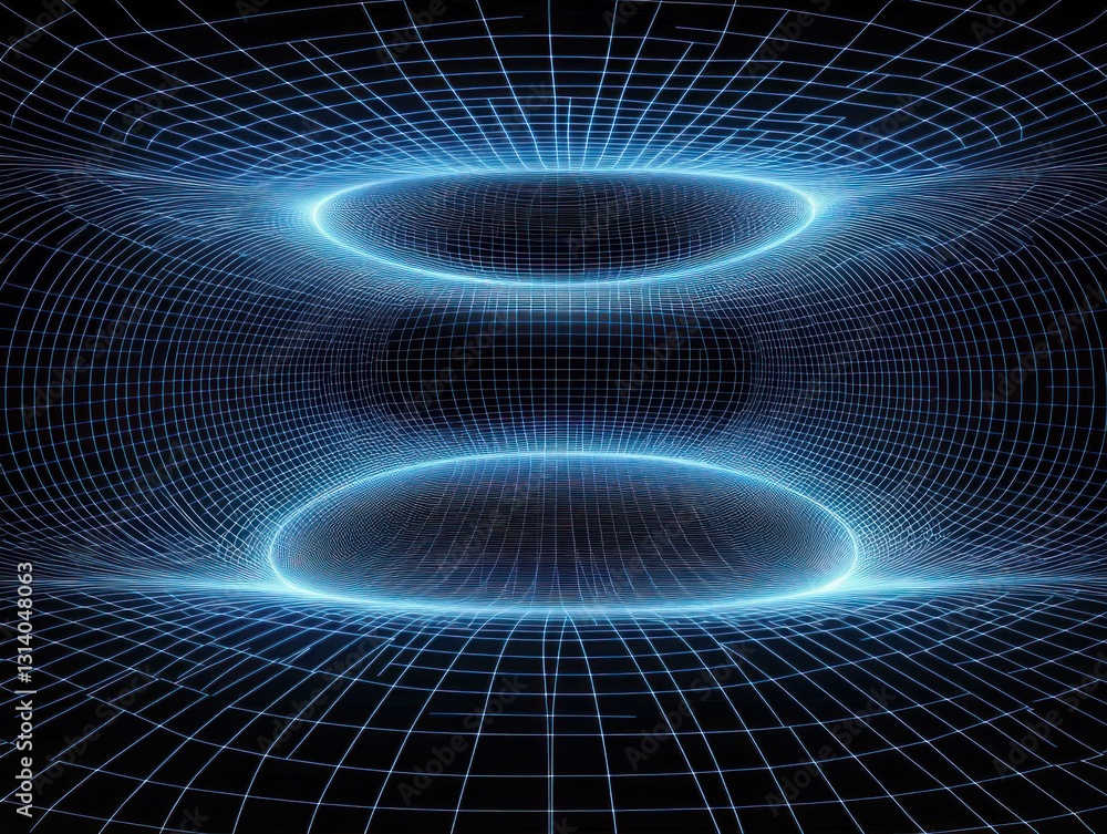 Poster abstract blue grid design with glowing circles, creating a futuristic digital environment
