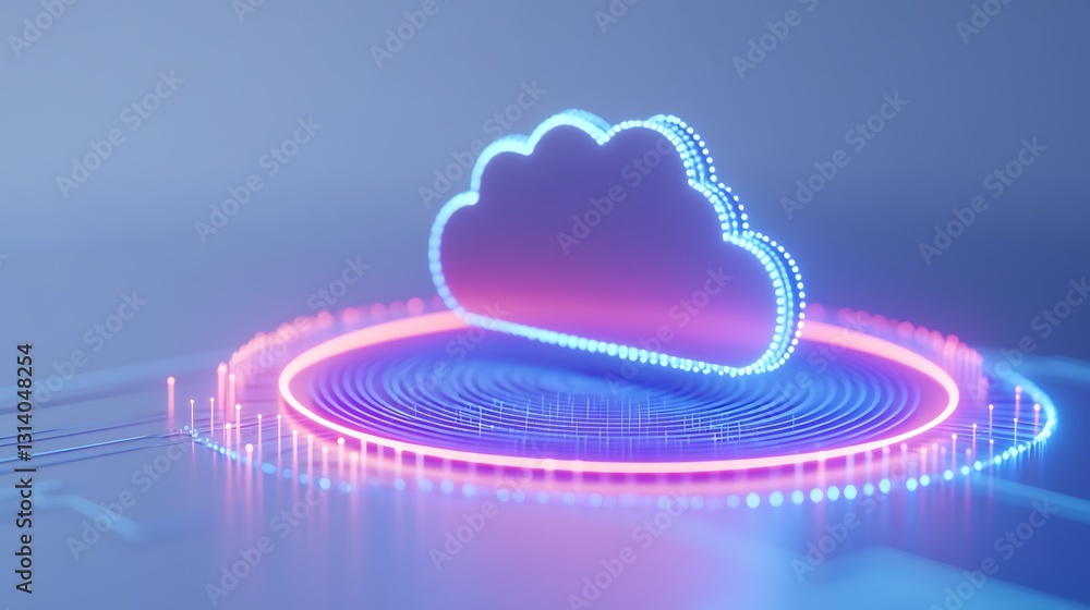 Poster futuristic digital cloud icon surrounded by glowing circular waves and abstract technology patterns
