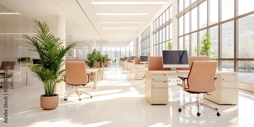 Poster modern office workspace design bright and clean environment abstract background with plants and tech