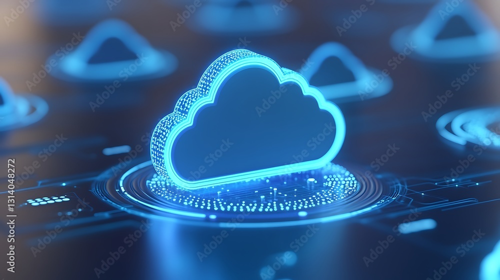Poster futuristic digital cloud icon with bright glow and data circuitry on a modern technology background