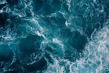 Turbulent ocean waves from above in blue tones. Artificial Intelligence