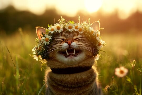 Golden hour in sunset. Cute adult cat pixiebob wearing untamed flower circlet on its head. Warm season happiness. Happy pet memories in summer. Floral wreath on a cat&acirc;&euro;&trade;s head.