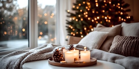 Cozy christmas living room decor with tree and candles home interior design warm atmosphere