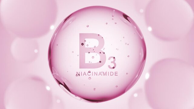 Vitamin B3 niacinamide. Niacin drop pill capsule. B 3 Nicotinamide bubble abstract 3D background