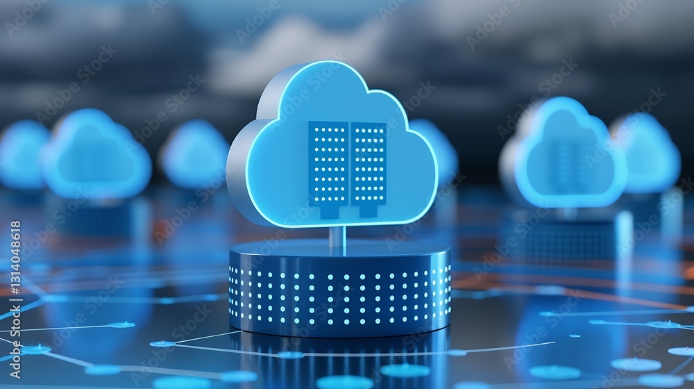 Poster futuristic digital cloud storage concept with connected data centers and network representation