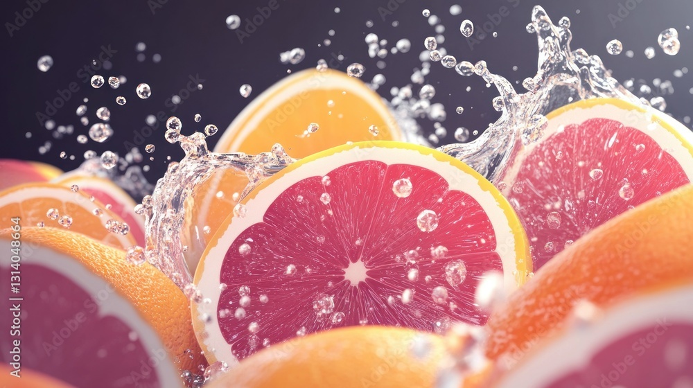Poster sliced citrus fruit with water splashing over a dark background
