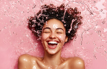 Joyful splash of water on smiling woman indoor spa portrait pink background fun concept