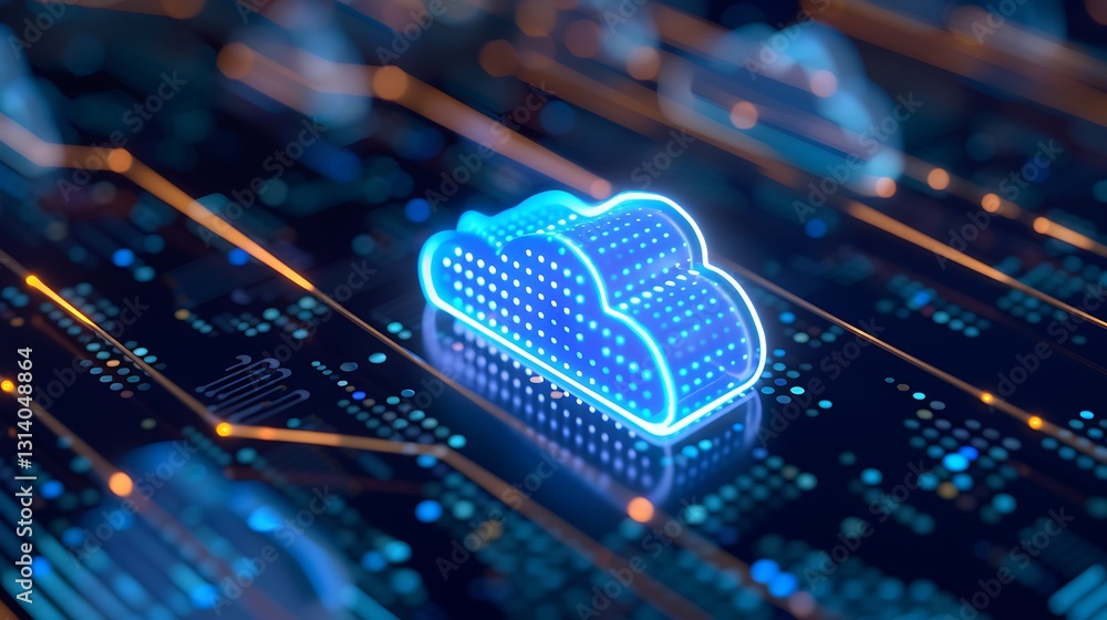 Poster futuristic digital cloud symbol over abstract data circuit background in vibrant blue and orange col