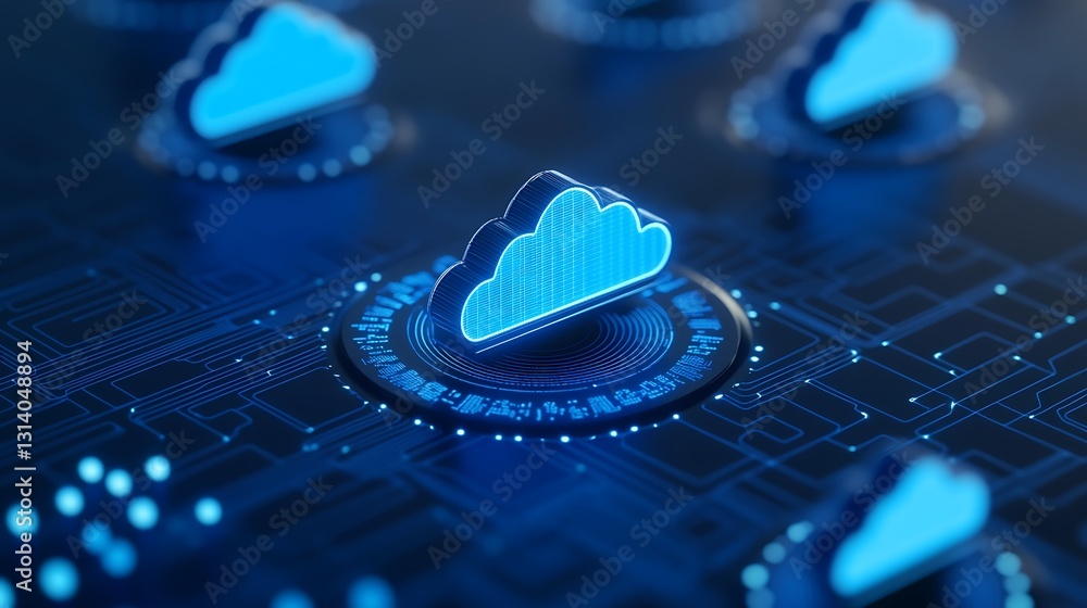 Poster futuristic digital cloud symbol surrounded by glowing circuit patterns representing technology and c