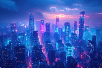 Fototapeta premium Glowing city skyline at dusk, digital art cityscape with colorful neon lights