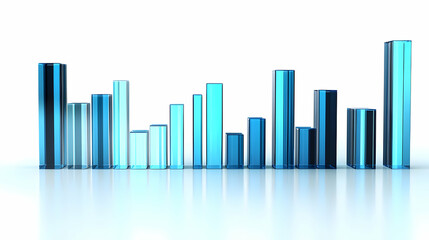 Fototapeta premium Three Dimensional Blue Glass Bar Graph Depicting Growth On A White Background With Reflections