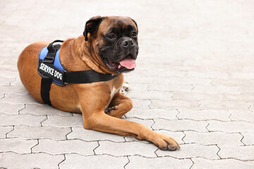 Cute service dog in vest lying on pavement outdoors. Space for text