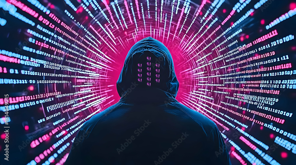 Poster mysterious figure surrounded by digital code and vibrant colors