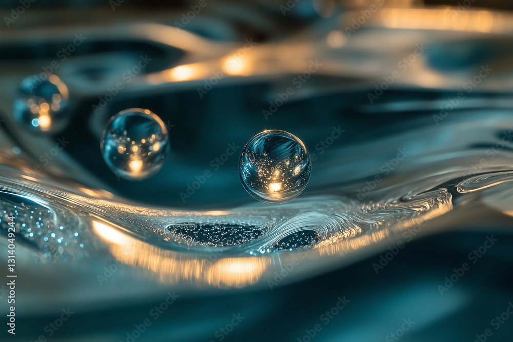 Poster small glowing spheres float in a surreal environment resembling inverted gravity wells