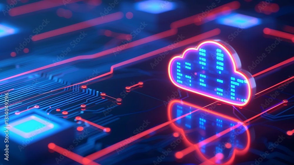 Poster futuristic digital cloud with circuit patterns and neon lights for technology and data conceptual im