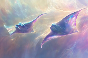 Fototapeta premium Gigantic iridescent floating manta whales gracefully glide through a colorful cosmic ocean environment