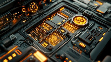 A detailed closeup of a futuristic control panel interface system