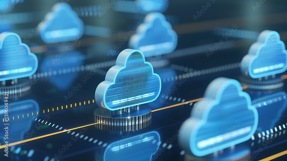Poster futuristic digital clouds representing cloud computing and network technology with glowing effects