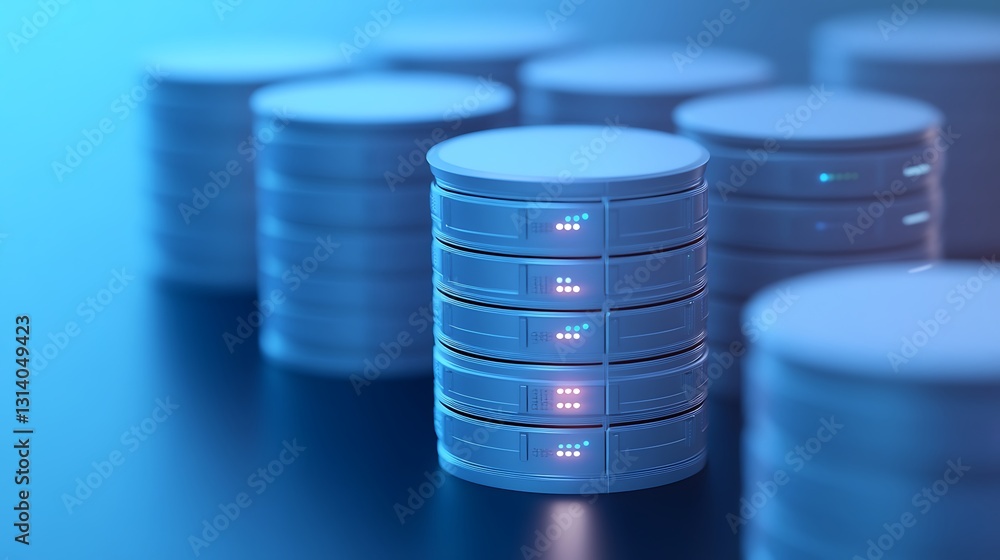 Poster futuristic digital data storage with glowing elements in a blue-scaled environment