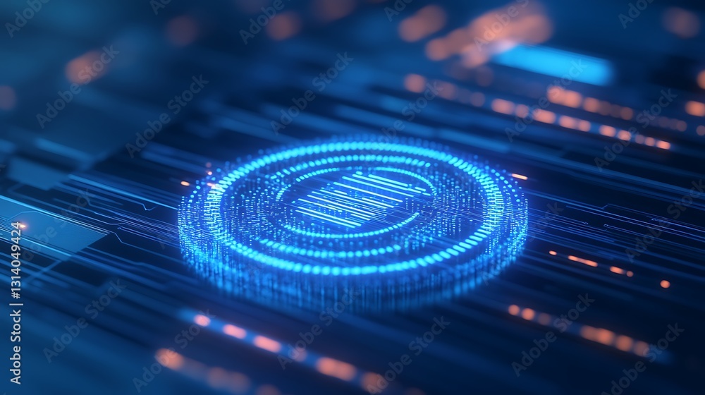 Poster futuristic digital coin symbol representing cryptocurrency and blockchain technology with neon effec