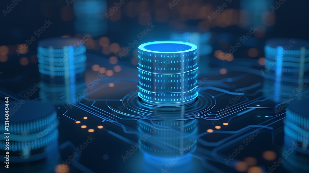 Poster futuristic digital data center with glowing database and technology circuit designs in blue and oran
